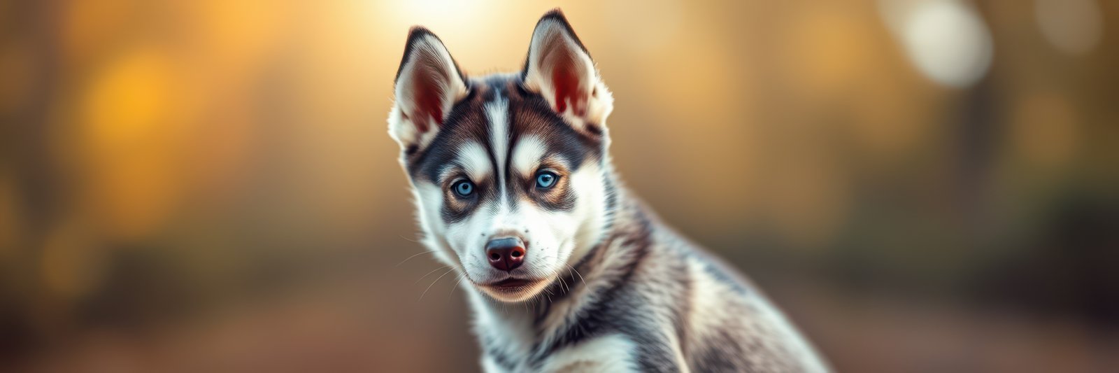 Husky puppy sitting calmly in a scenic forest setting during golden hour
